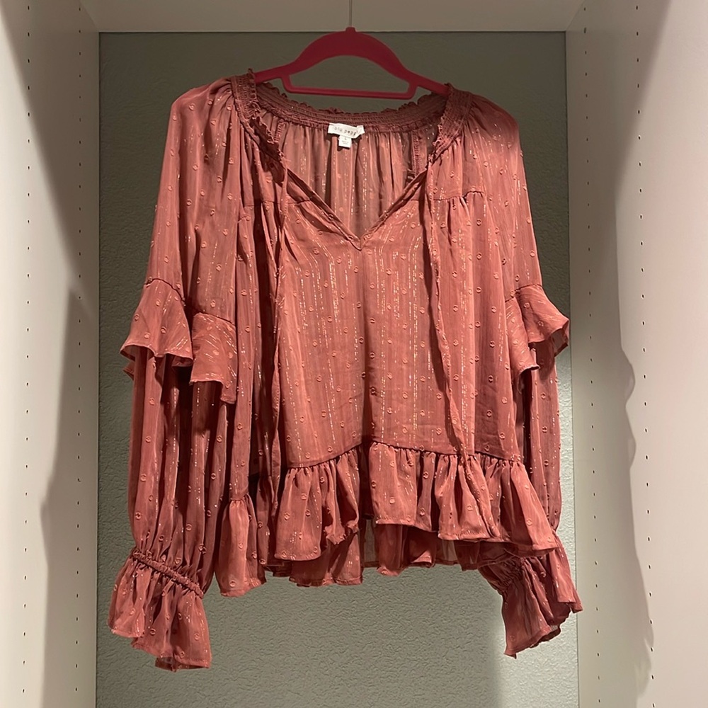 Blu Pepper Tiered Sleeve Peasant Blouse Pink Sparkle Thread Size Large